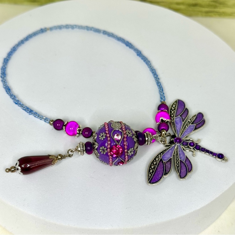 NEW Handmade Bookmark - Purple, Blue and Silver with Dragonfly Charm